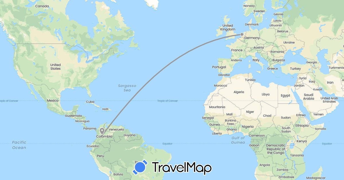 TravelMap itinerary: driving, plane in Colombia, Netherlands (Europe, South America)
